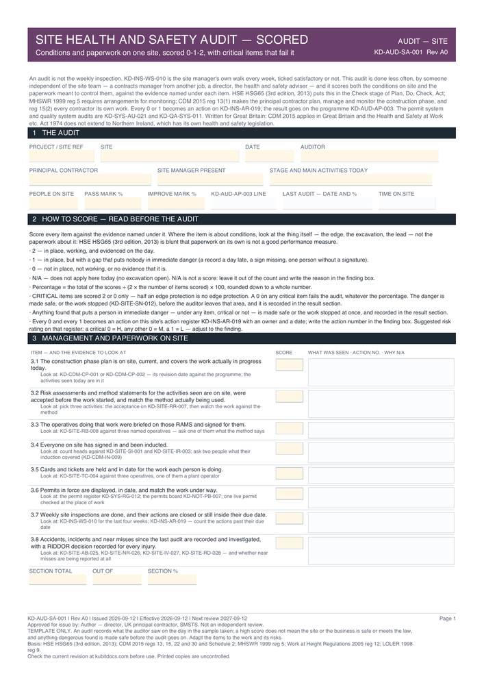Site Health and Safety Audit — Scored — page one