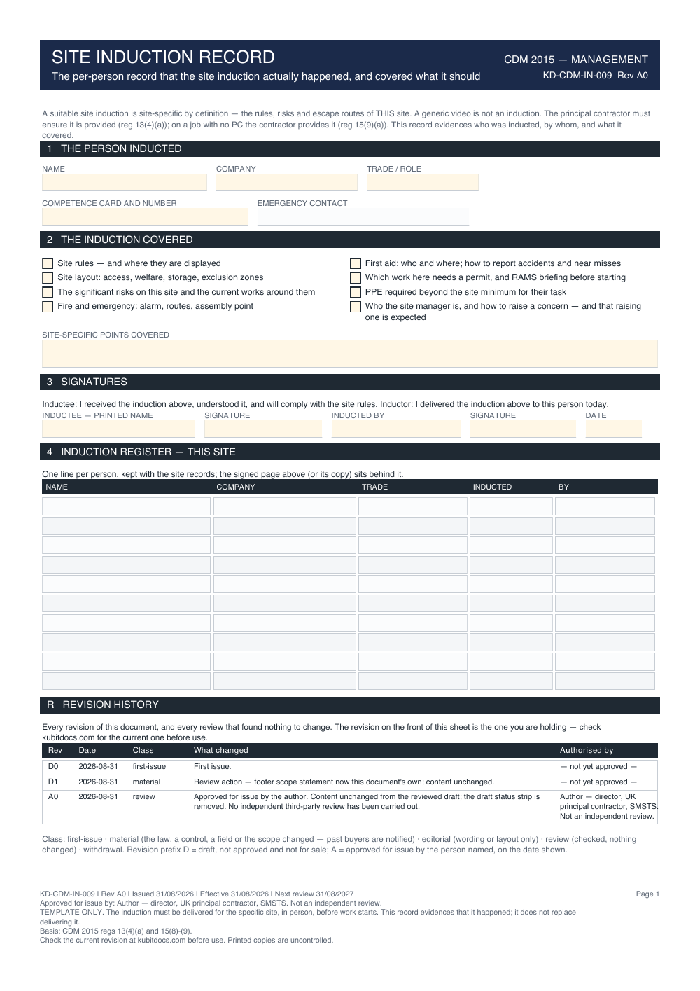 Site Induction Record — page one