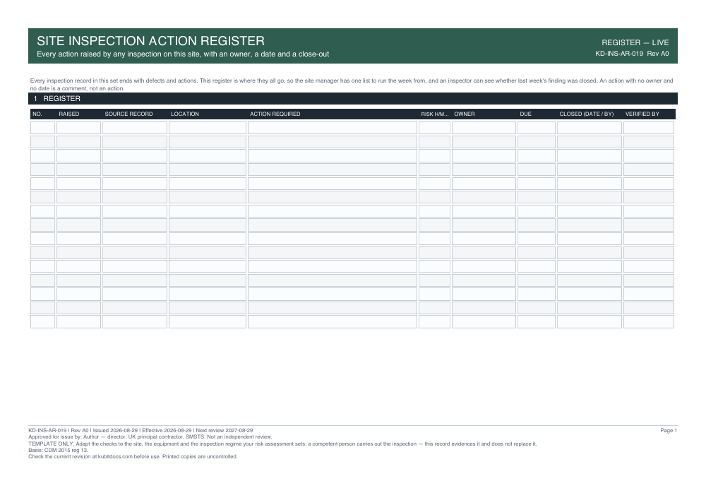 Site Inspection Action Register — page one