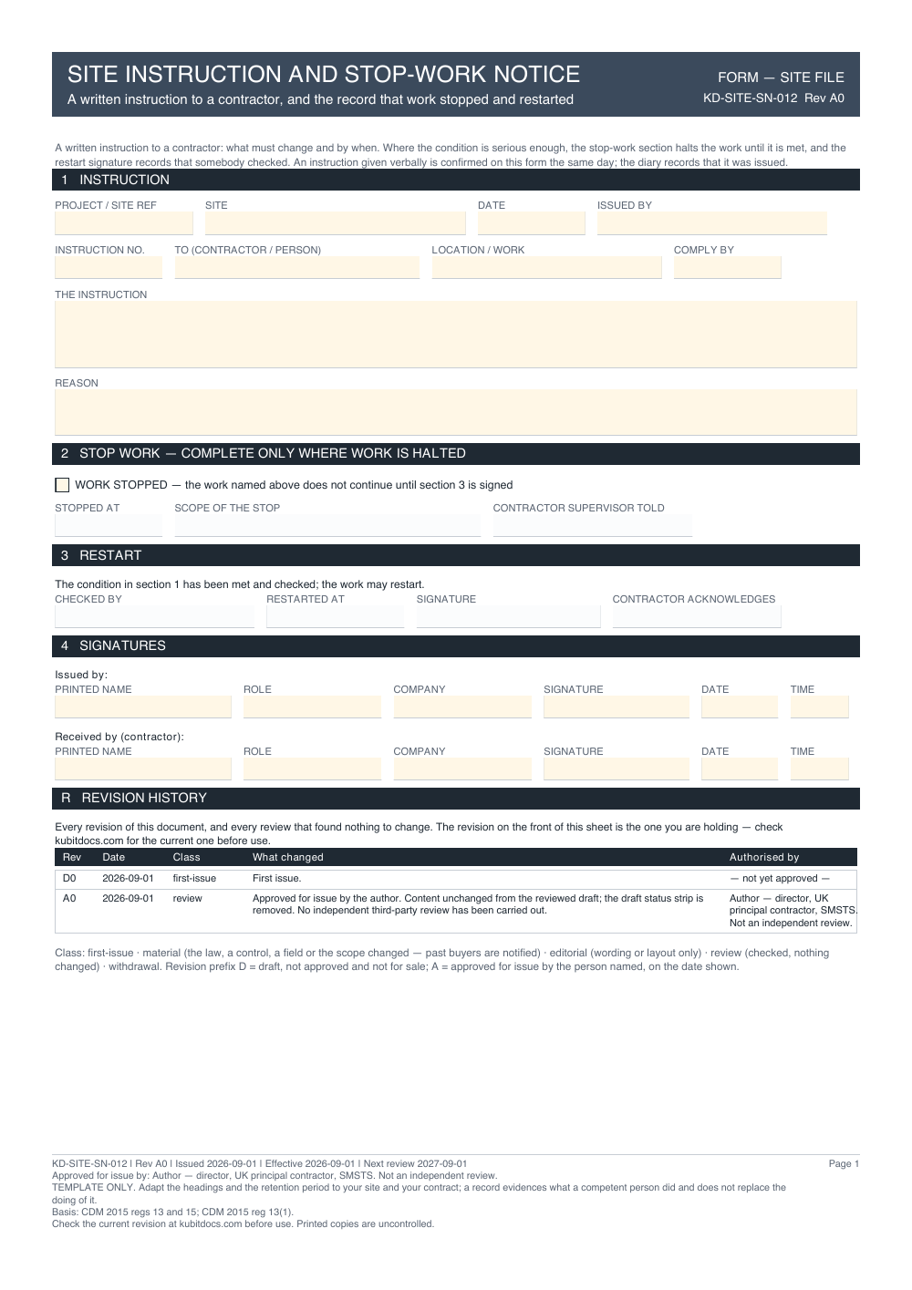 Site Instruction and Stop-Work Notice — page one
