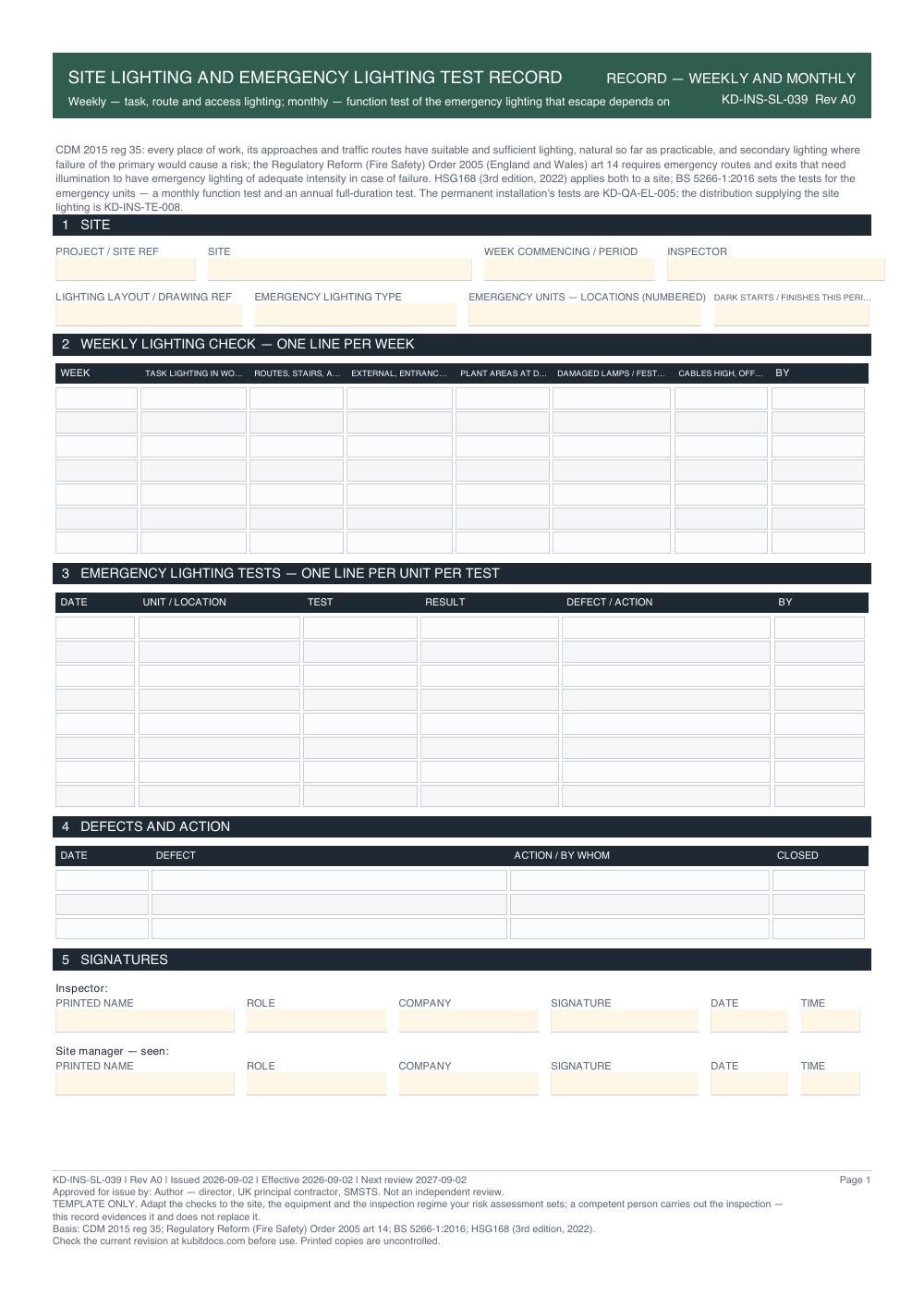 Site Lighting and Emergency Lighting Test Record — page one