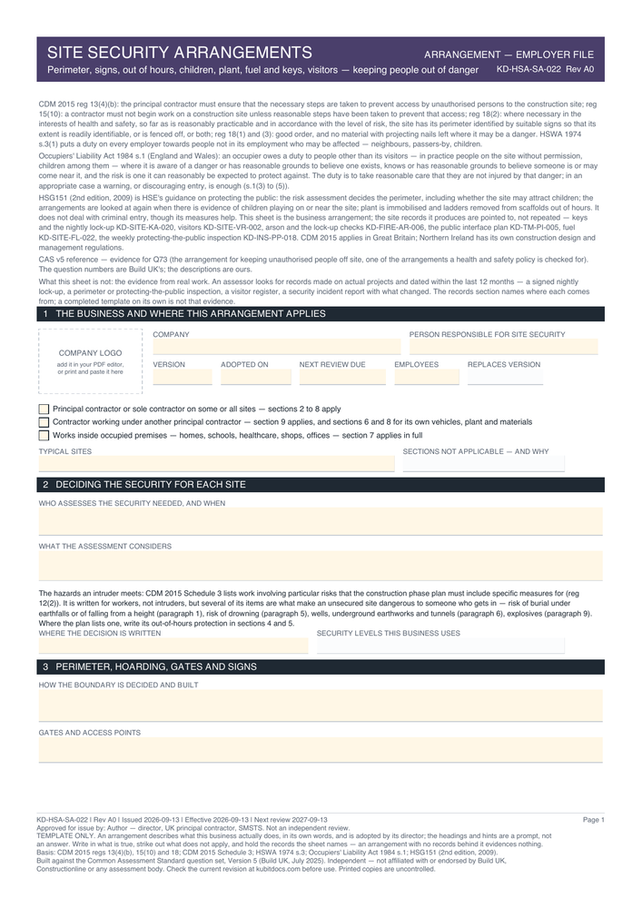 Site Security Arrangements — page one