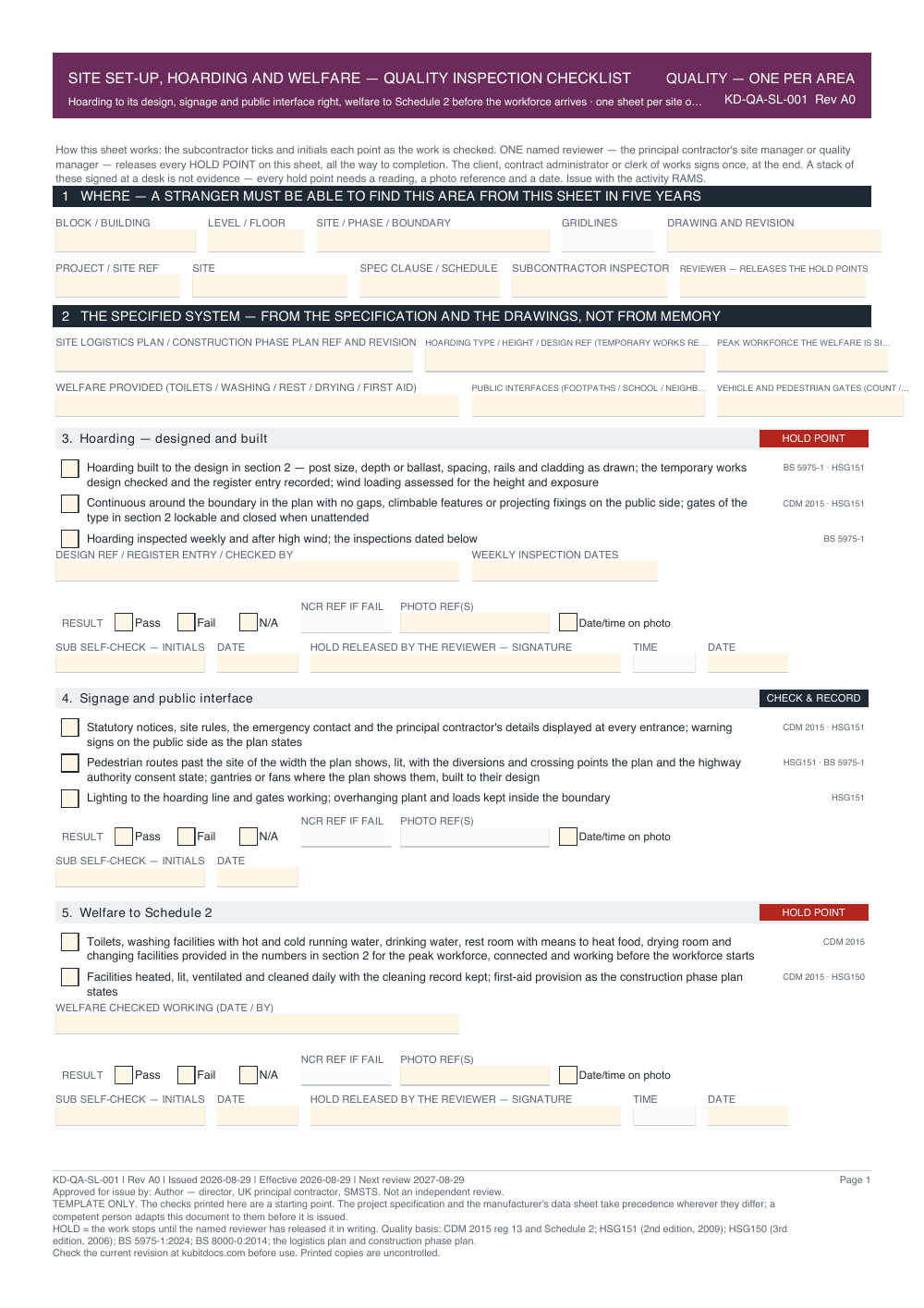 Site Set-Up, Hoarding and Welfare — Quality Inspection Checklist — page one