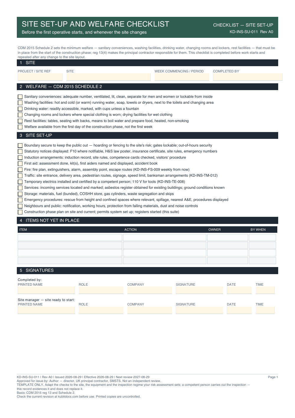 Site Set-Up and Welfare Checklist — page one