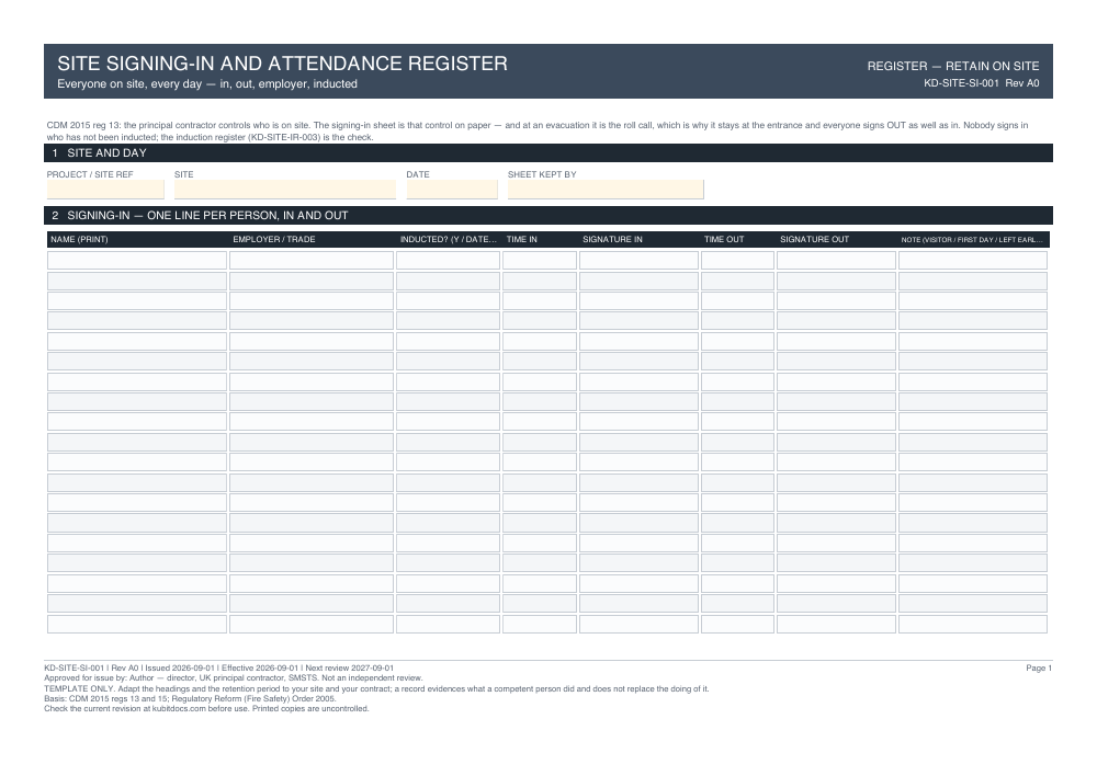 Site Signing-In and Attendance Register — page one