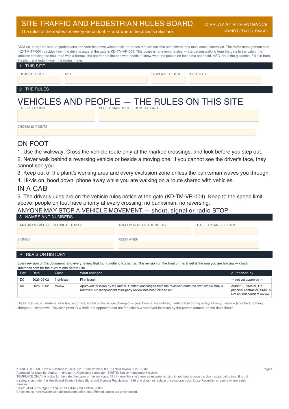 Site Traffic and Pedestrian Rules Board — page one