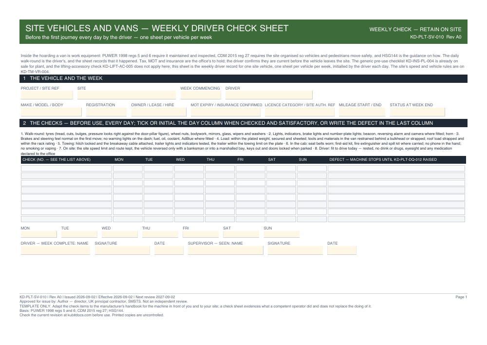 Site Vehicles and Vans — Weekly Driver Check Sheet — page one