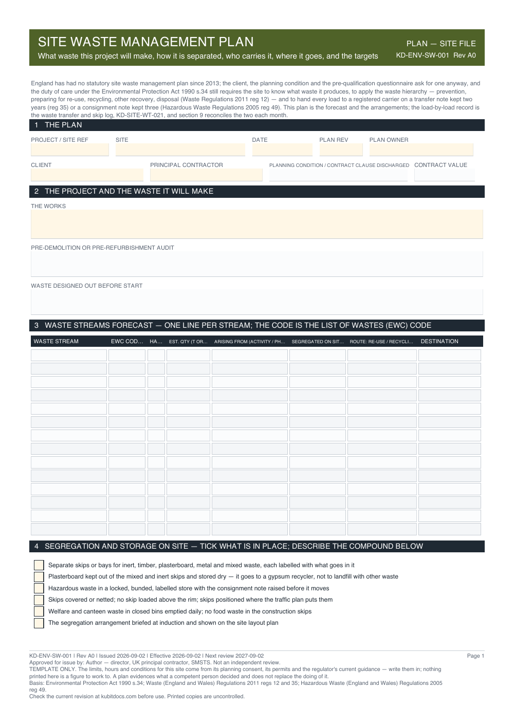 Site Waste Management Plan — page one