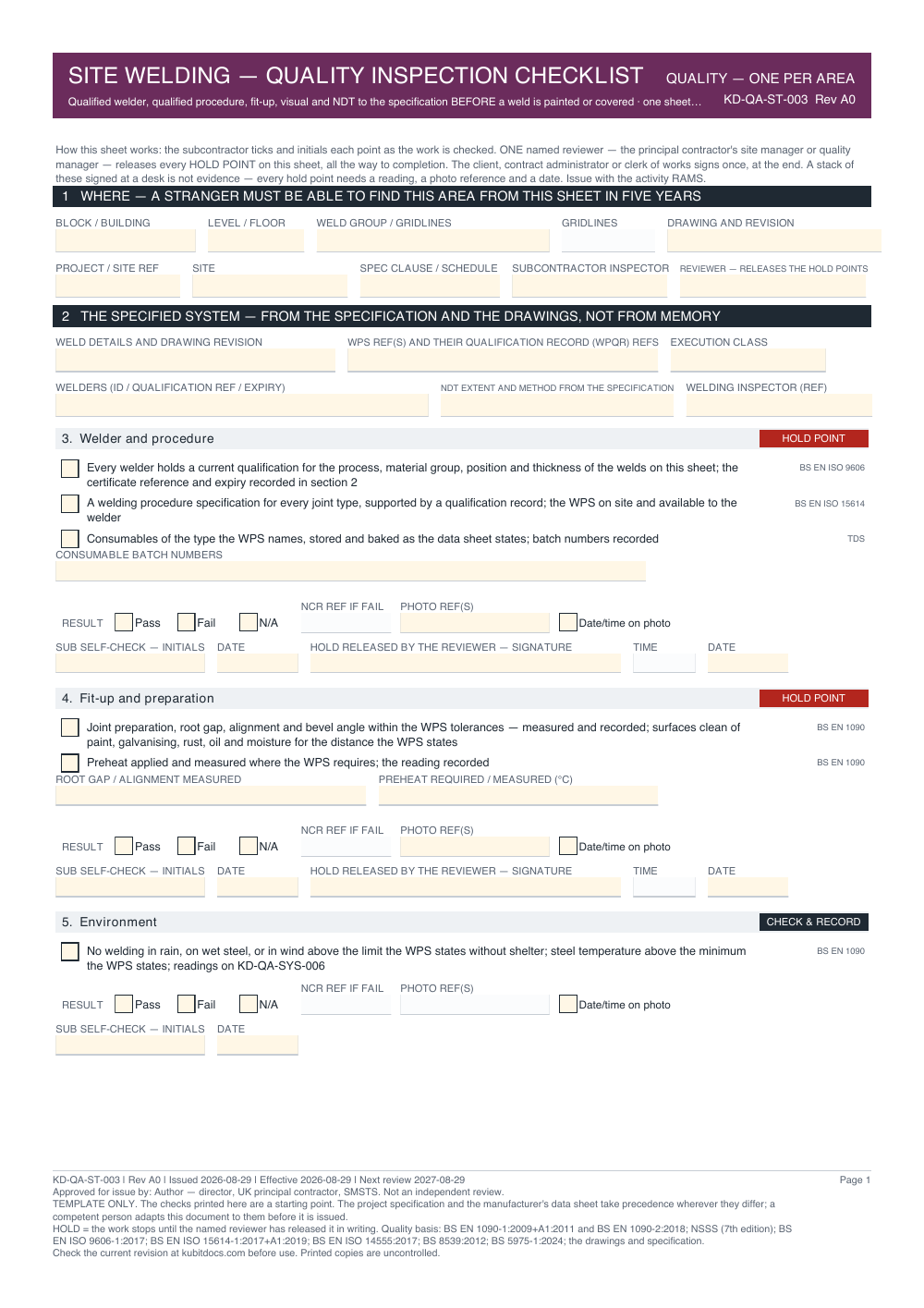 Site Welding — Quality Inspection Checklist — page one