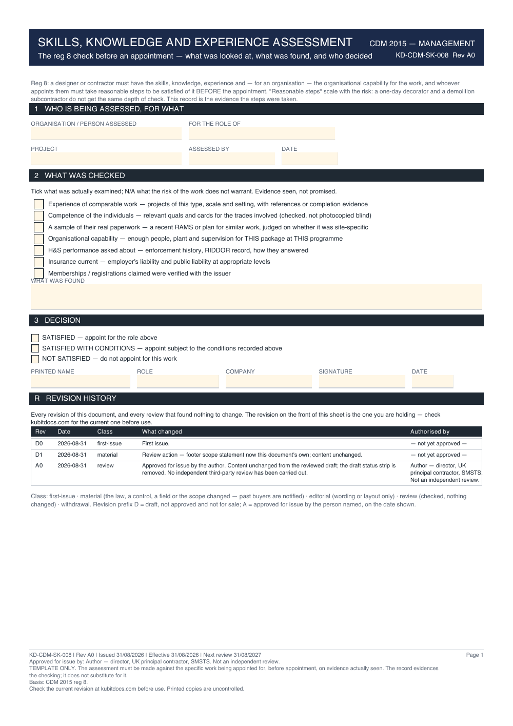 Skills, Knowledge and Experience Assessment — page one