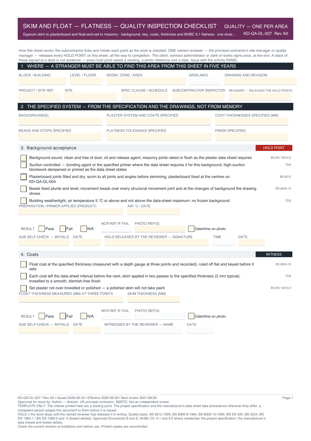 Skim and Float — Flatness — Quality Inspection Checklist — page one