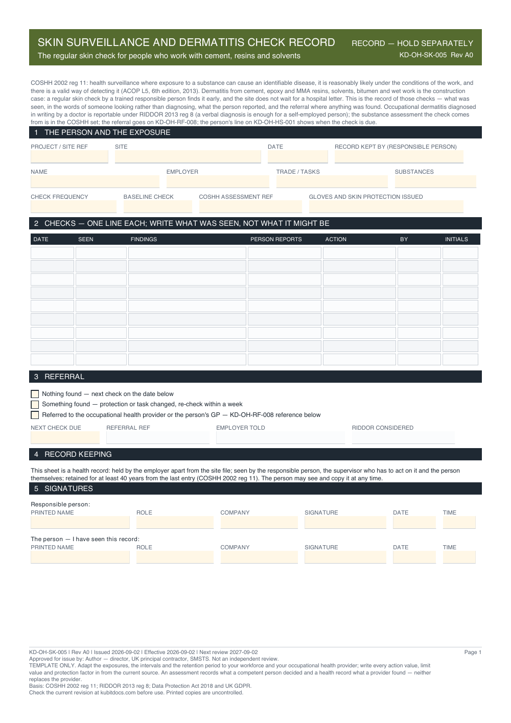 Skin Surveillance and Dermatitis Check Record — page one