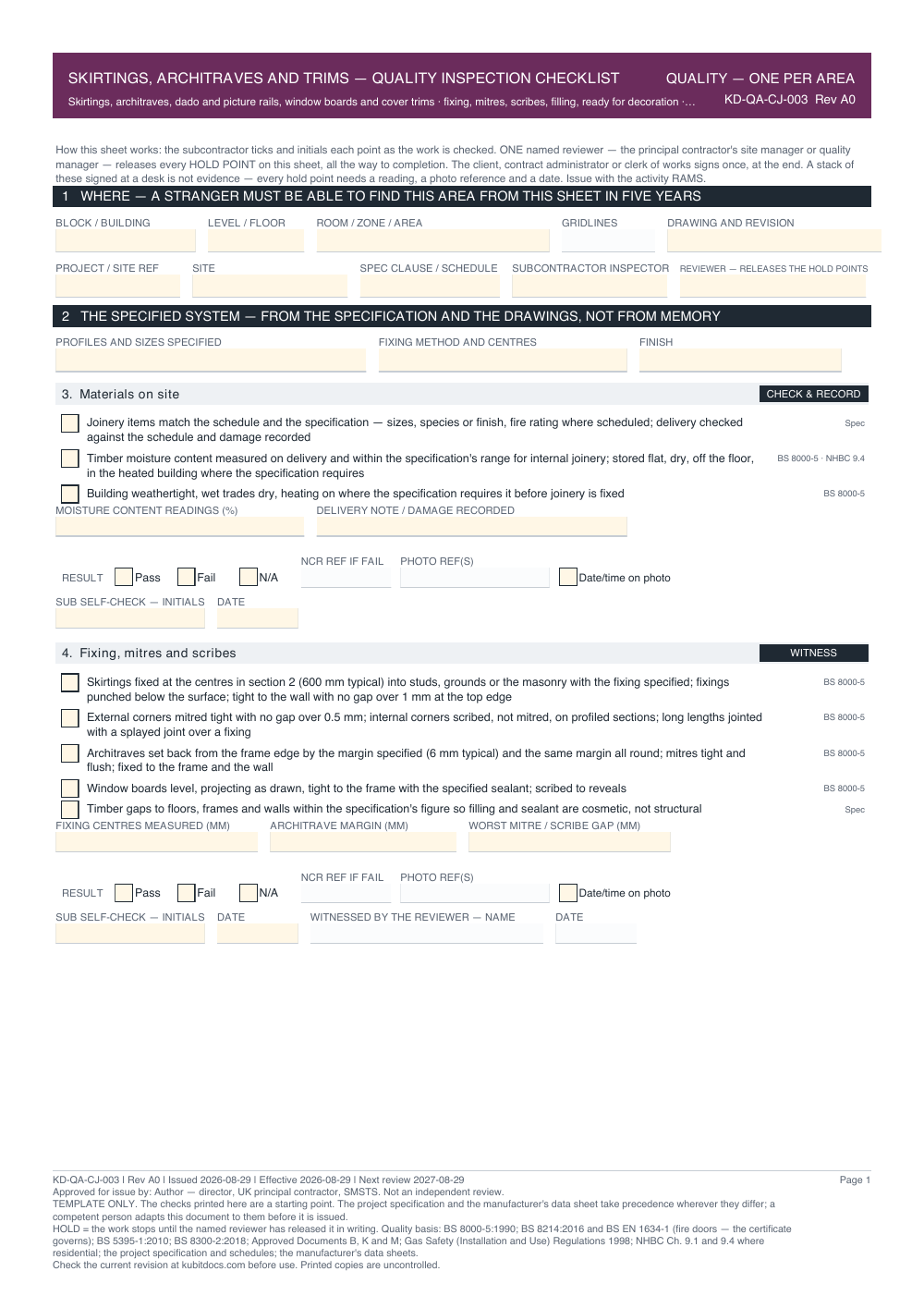 Skirtings, Architraves and Trims — Quality Inspection Checklist — page one