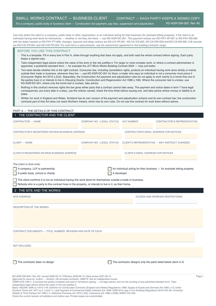 Small Works Contract — Business Client — page one