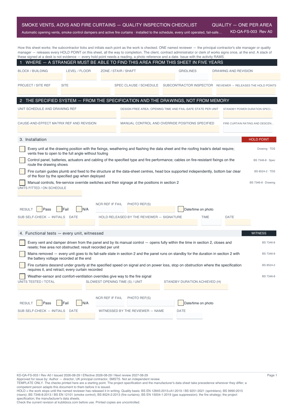 Smoke Vents, AOVs and Fire Curtains — Quality Inspection Checklist — page one