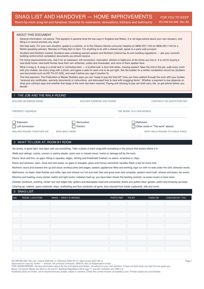 Snag List and Handover — Home Improvements — page one