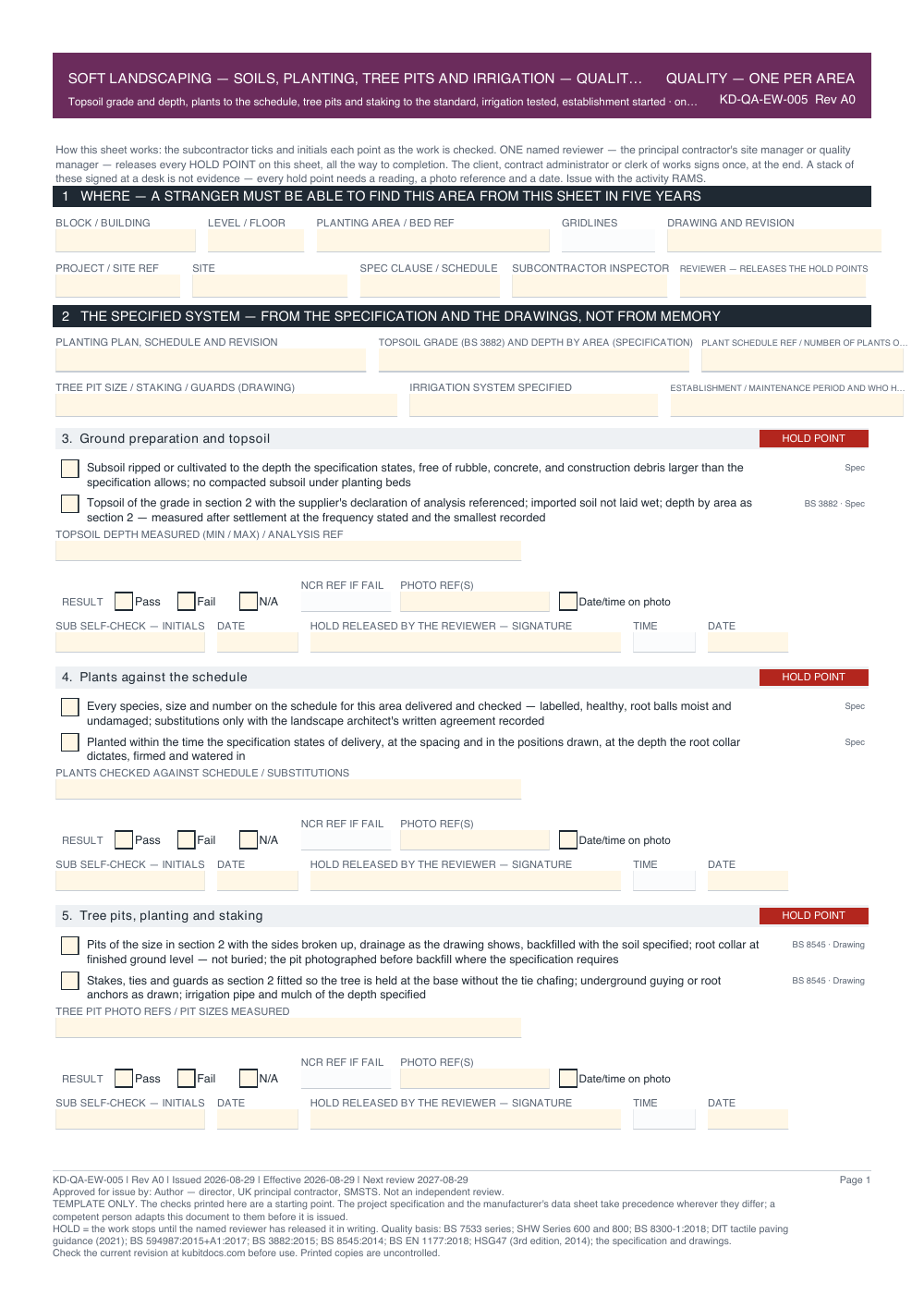 Soft Landscaping — Soils, Planting, Tree Pits and Irrigation — Quality Inspection Checklist — page one
