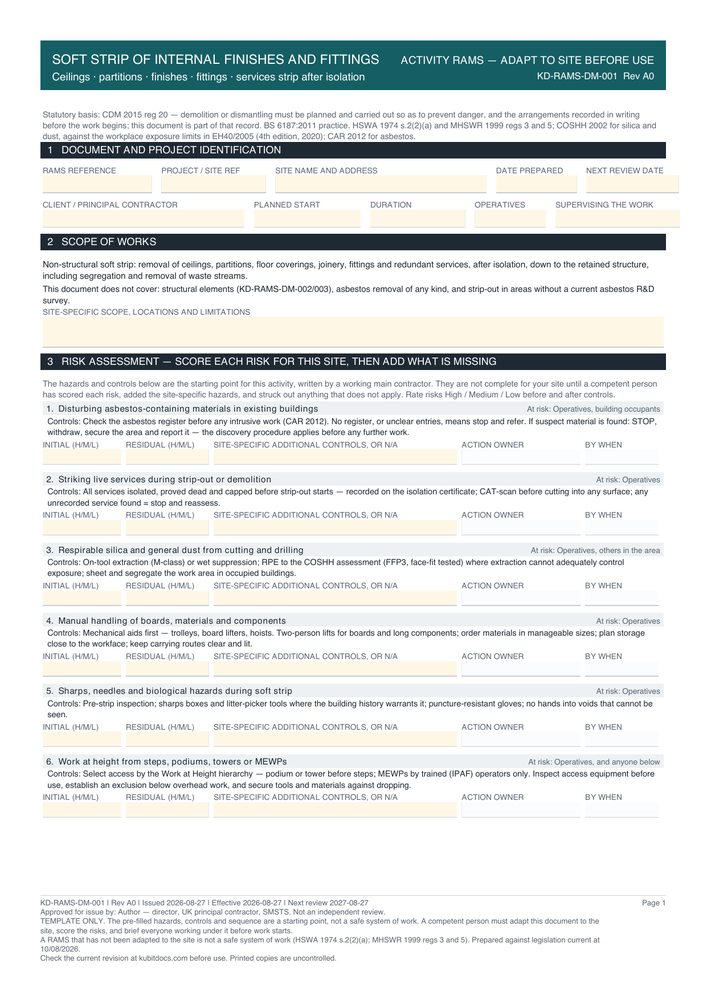 Soft Strip of Internal Finishes and Fittings — page one