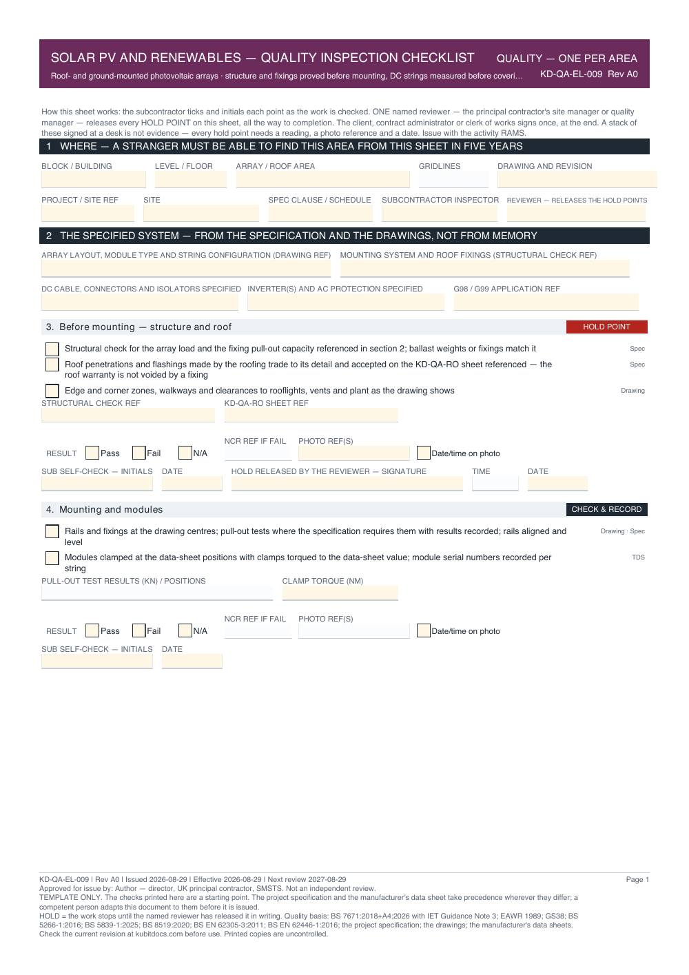 Solar PV and Renewables — Quality Inspection Checklist — page one