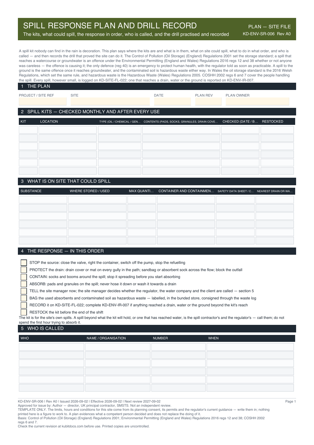 Spill Response Plan and Drill Record — page one
