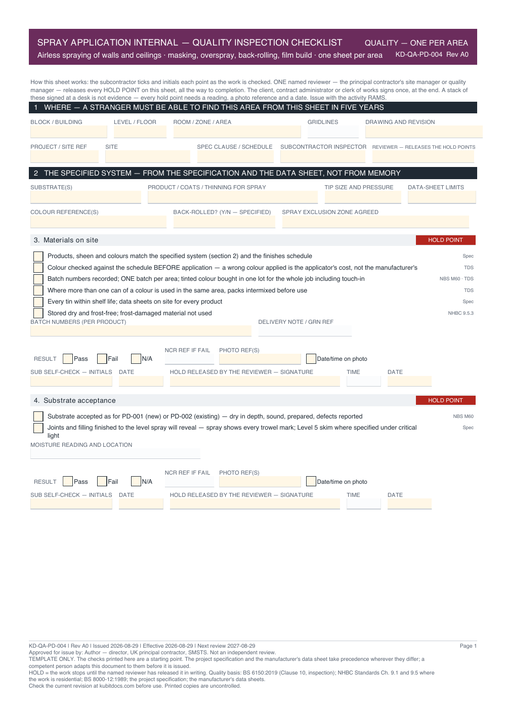 Spray Application Internal — Quality Inspection Checklist — page one