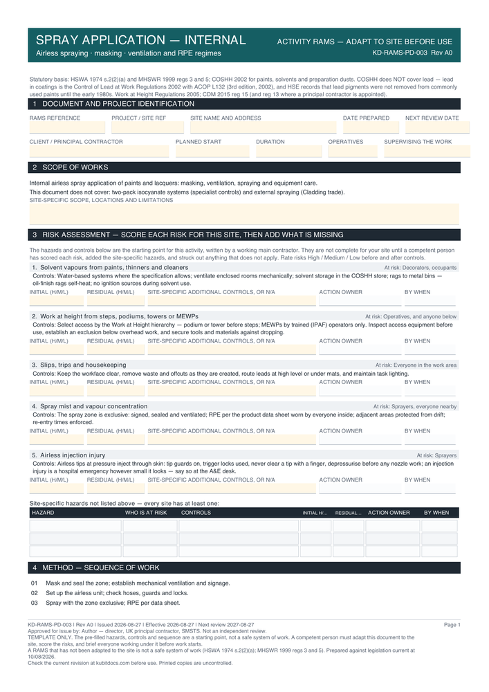 Spray Application — Internal — page one