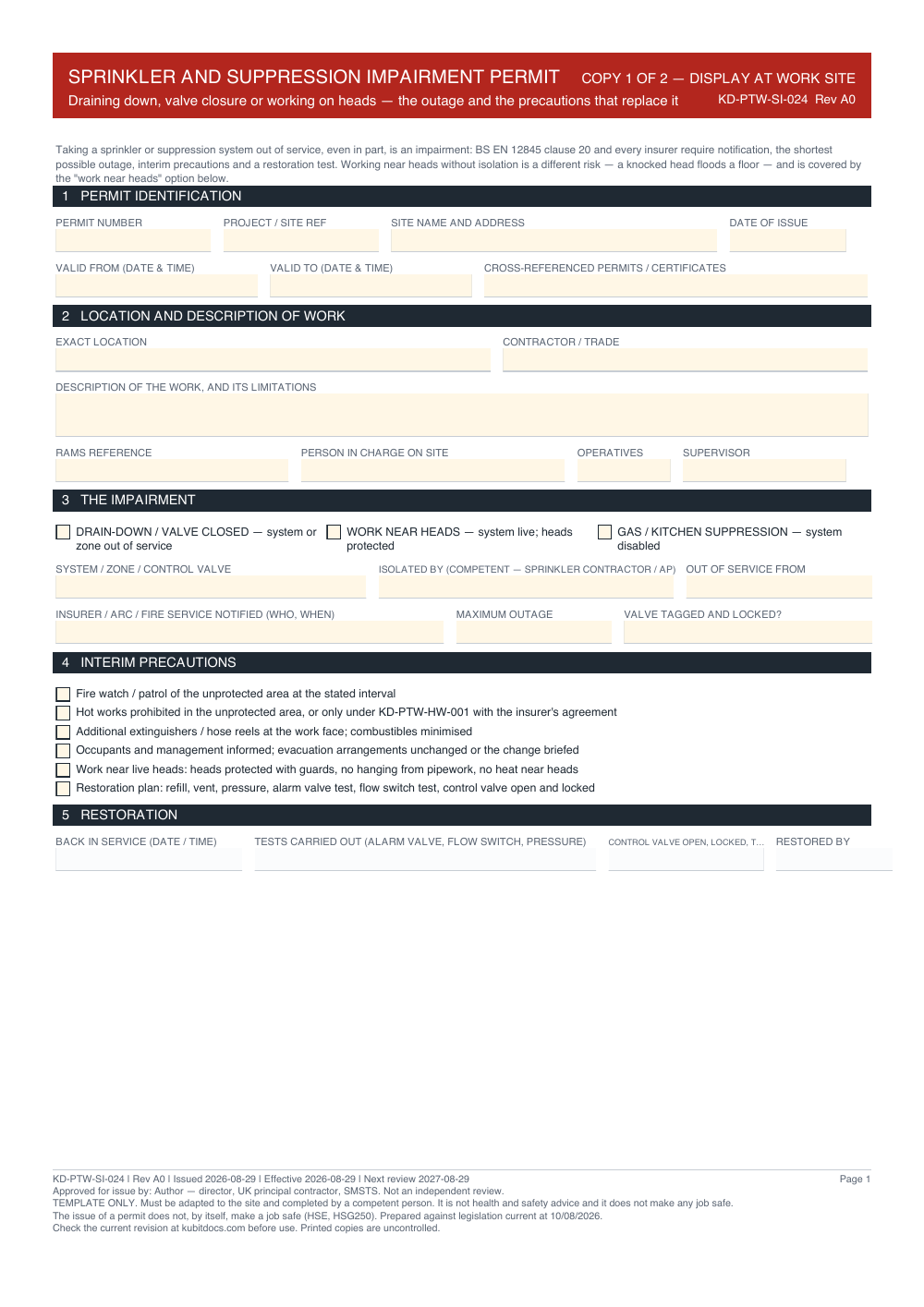 Sprinkler and Suppression Impairment Permit — page one