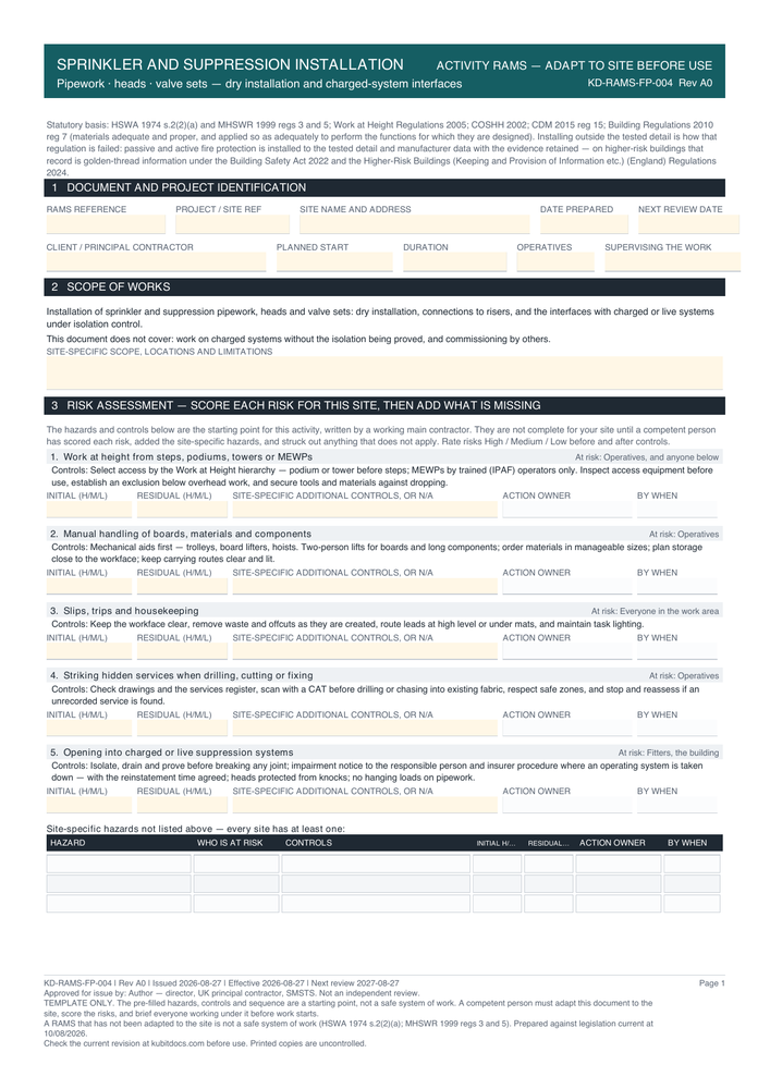 Sprinkler and Suppression Installation — page one