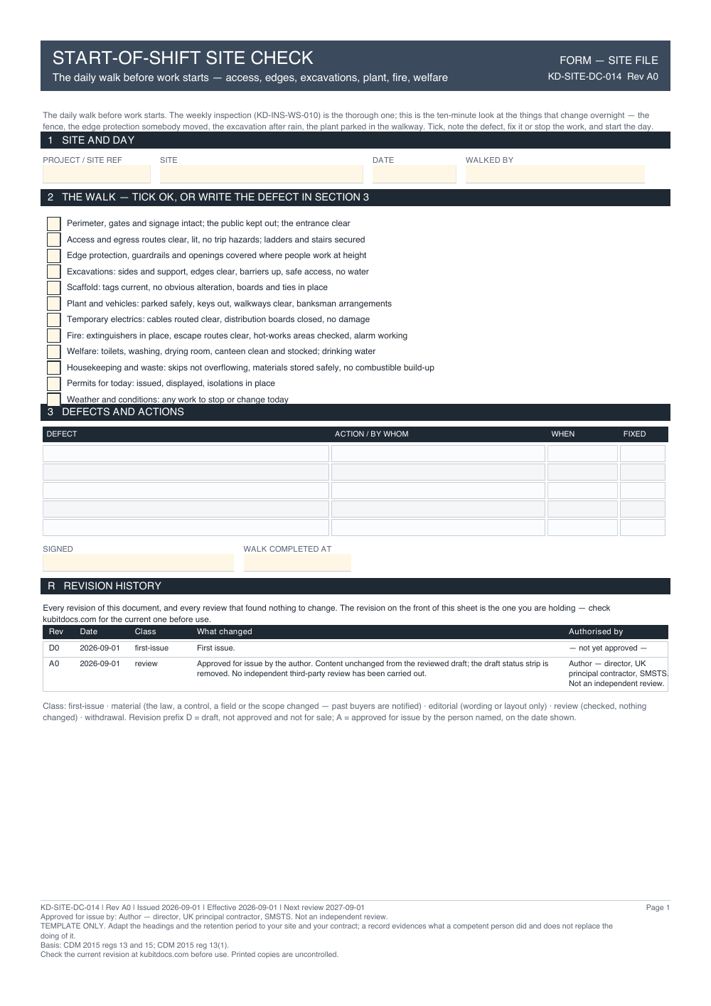 Start-of-Shift Site Check — page one
