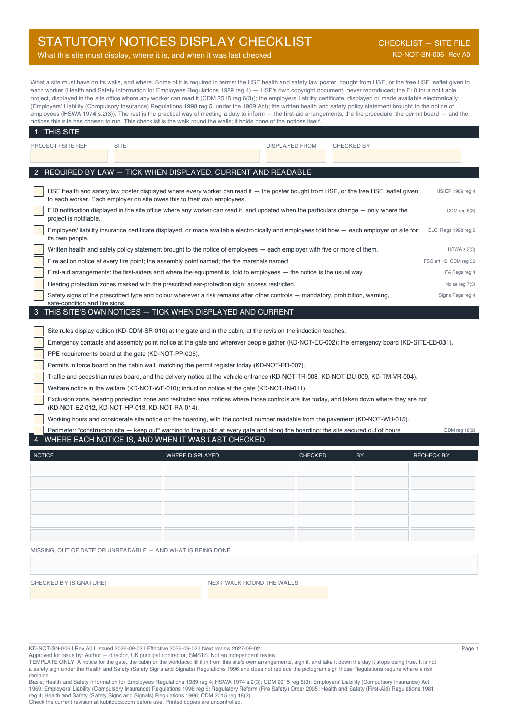 Statutory Notices Display Checklist — page one