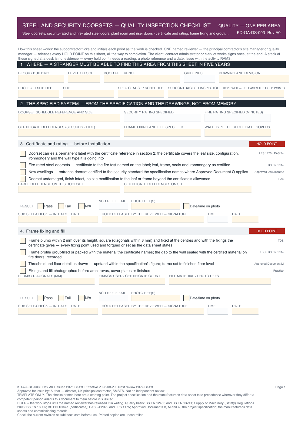 Steel and Security Doorsets — Quality Inspection Checklist — page one