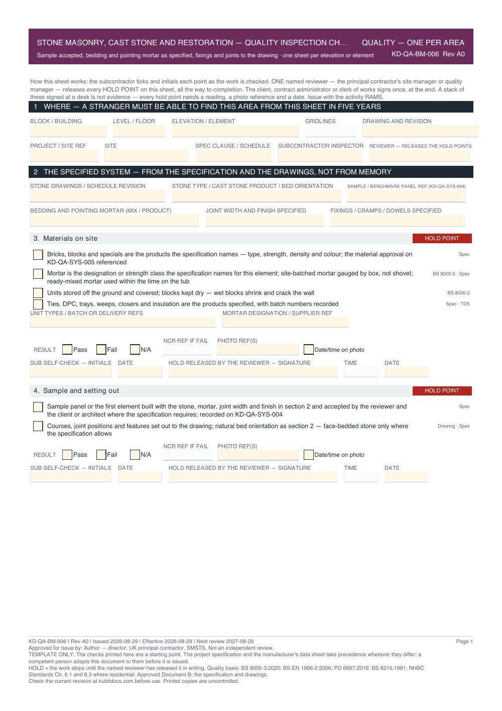 Stone Masonry, Cast Stone and Restoration — Quality Inspection Checklist — page one