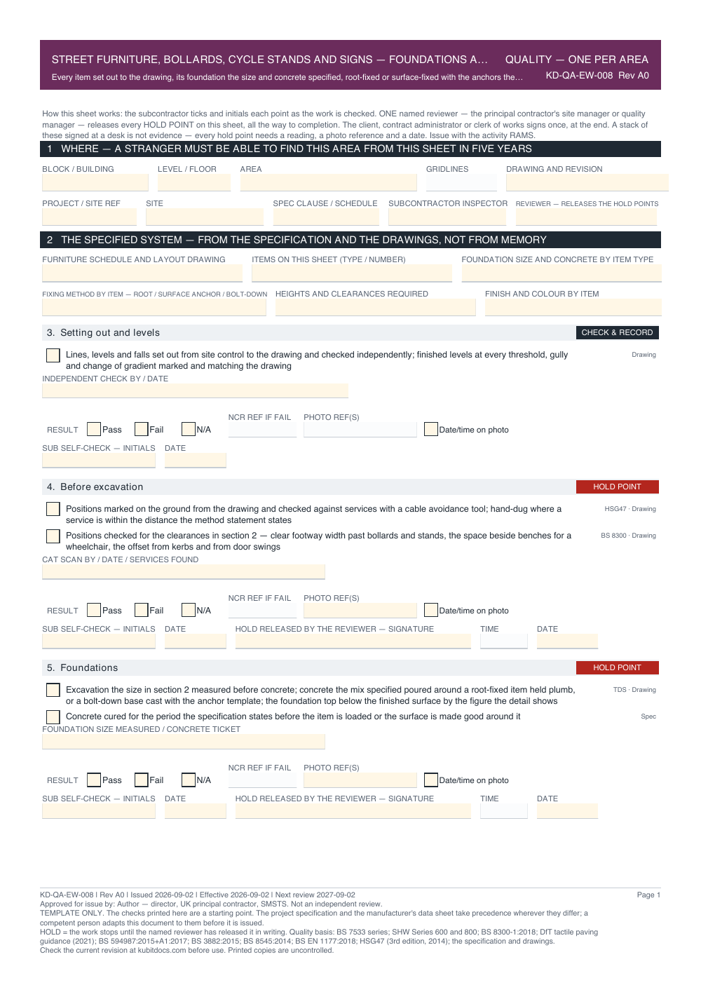 Street Furniture, Bollards, Cycle Stands and Signs — Foundations and Fixing — Quality Inspection Checklist — page one