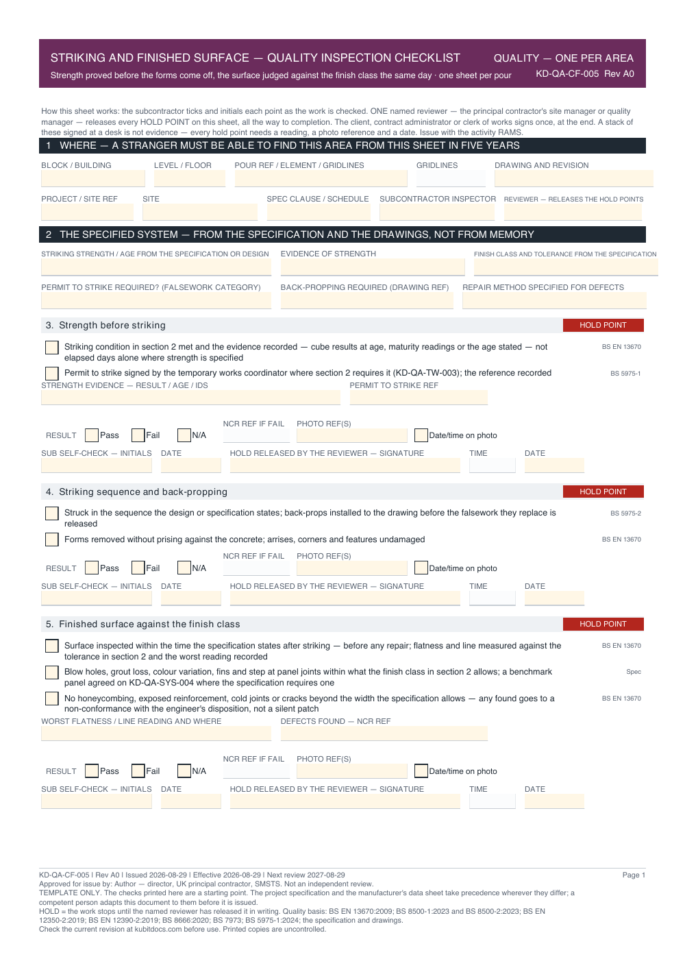 Striking and Finished Surface — Quality Inspection Checklist — page one