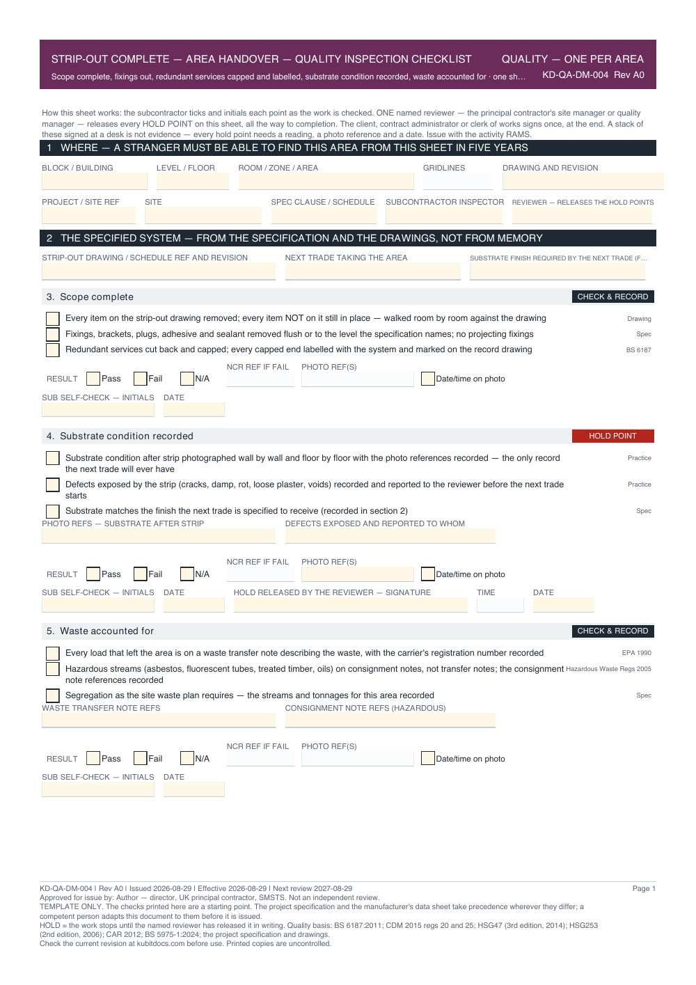 Strip-Out Complete — Area Handover — Quality Inspection Checklist — page one
