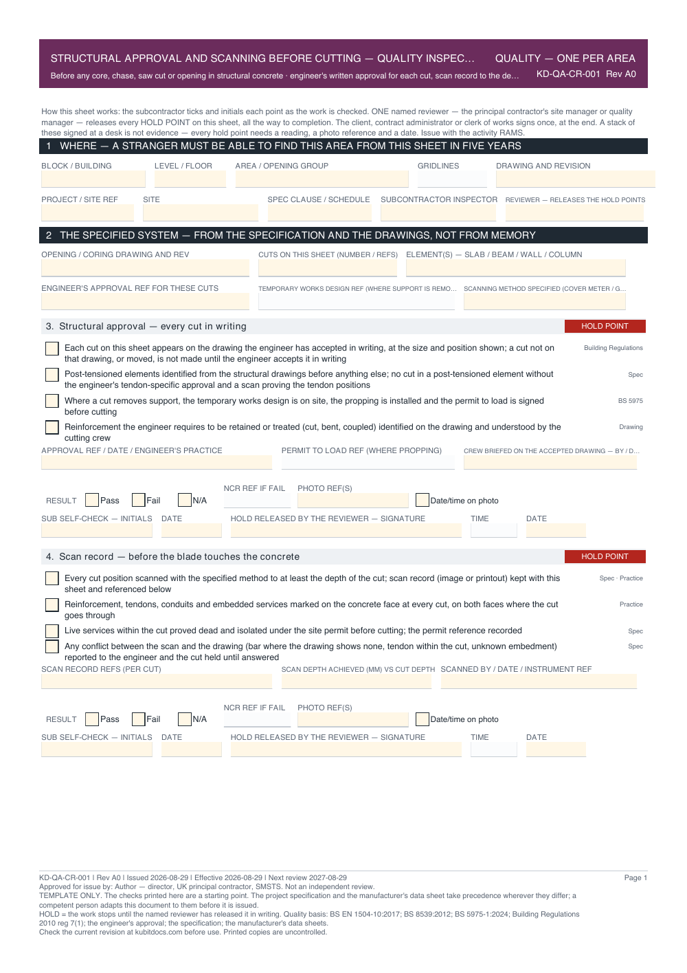Structural Approval and Scanning Before Cutting — Quality Inspection Checklist — page one
