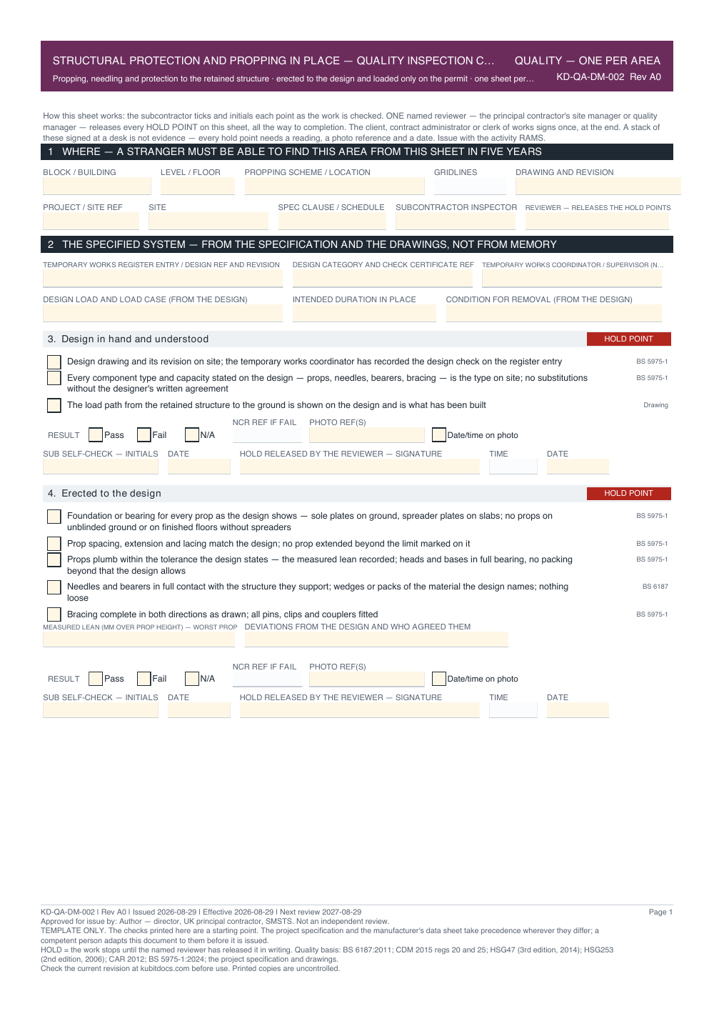 Structural Protection and Propping in Place — Quality Inspection Checklist — page one