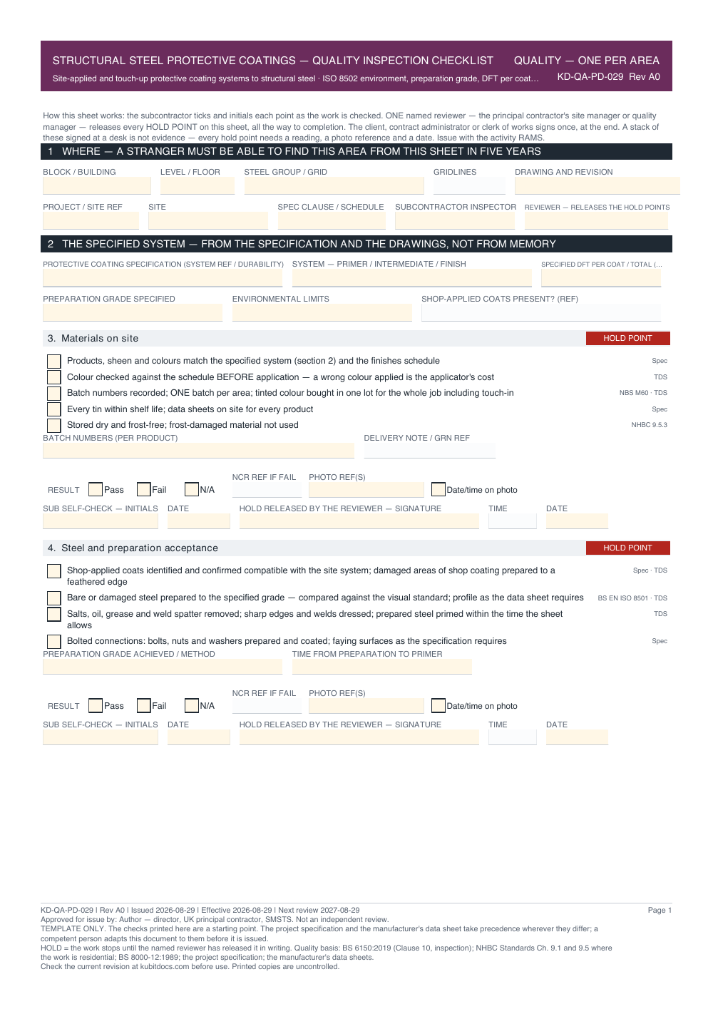 Structural Steel Protective Coatings — Quality Inspection Checklist — page one