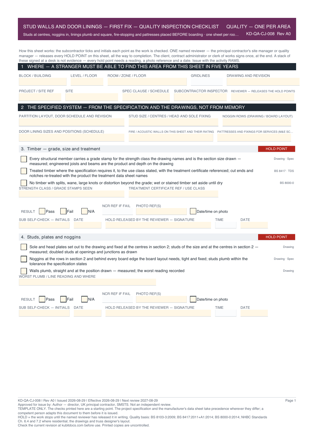 Stud Walls and Door Linings — First Fix — Quality Inspection Checklist — page one