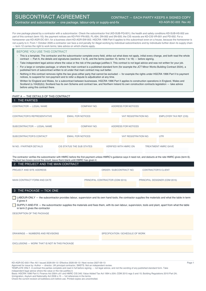 Subcontract Agreement — page one