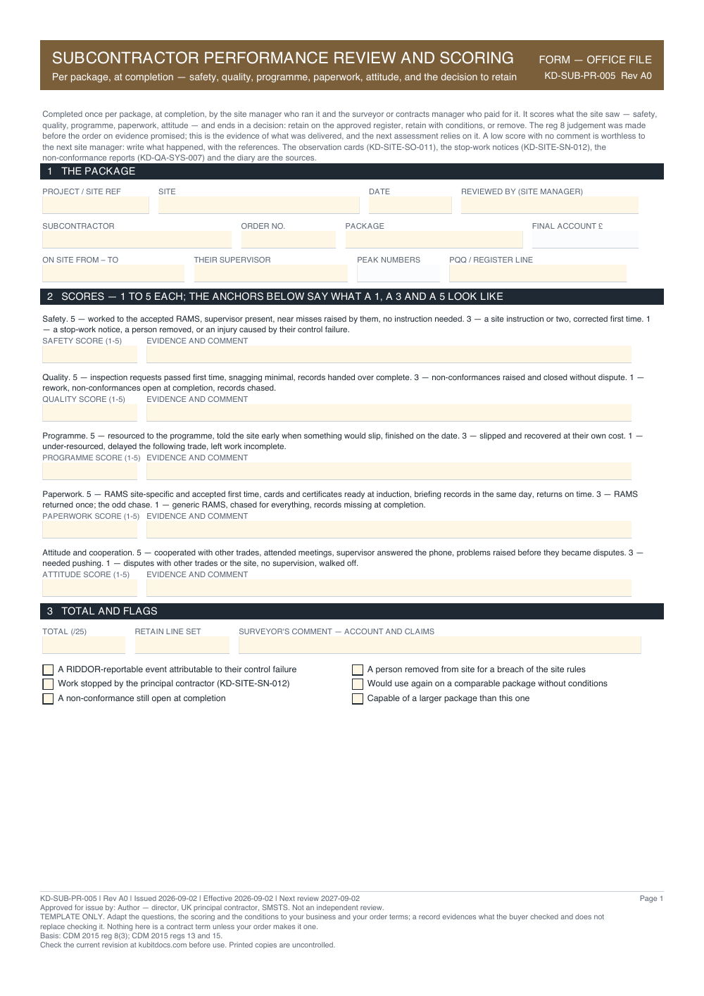 Subcontractor Performance Review and Scoring — page one
