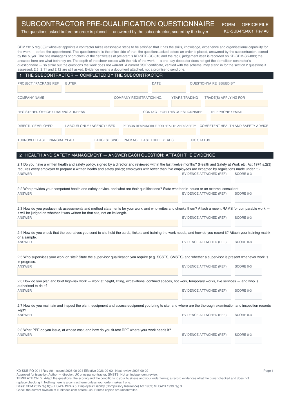 Subcontractor Pre-Qualification Questionnaire — page one