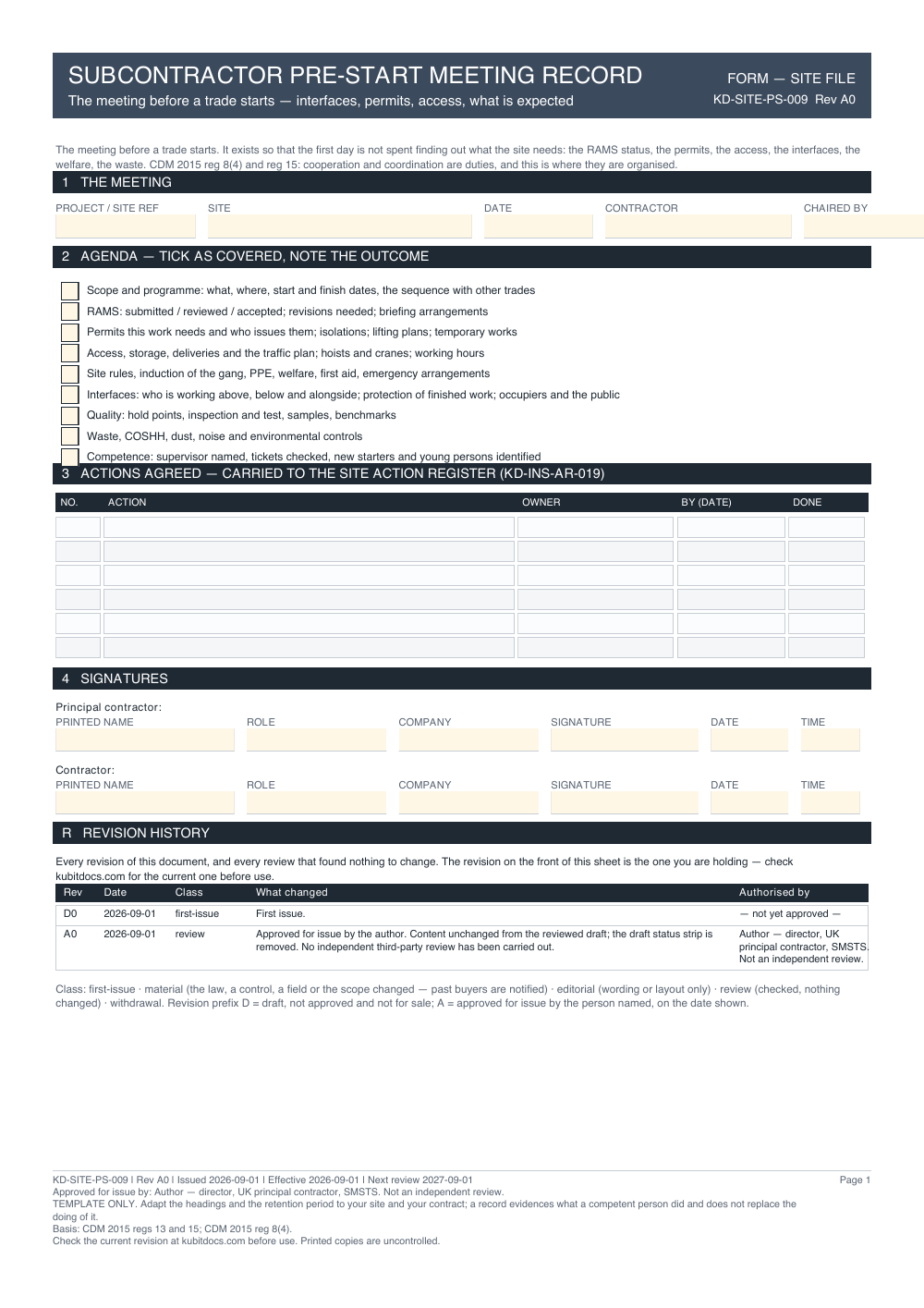 Subcontractor Pre-Start Meeting Record — page one