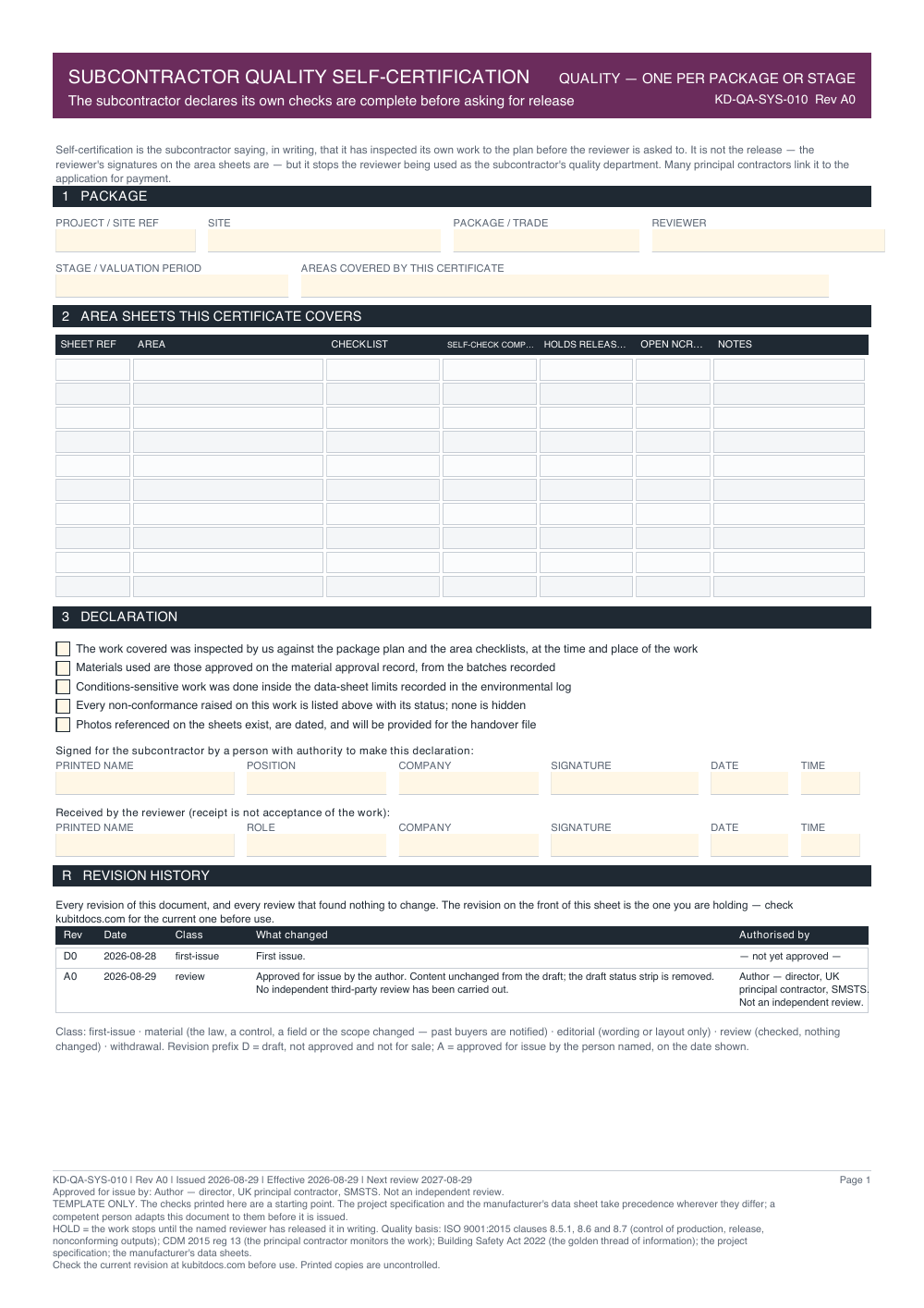 Subcontractor Quality Self-Certification — page one