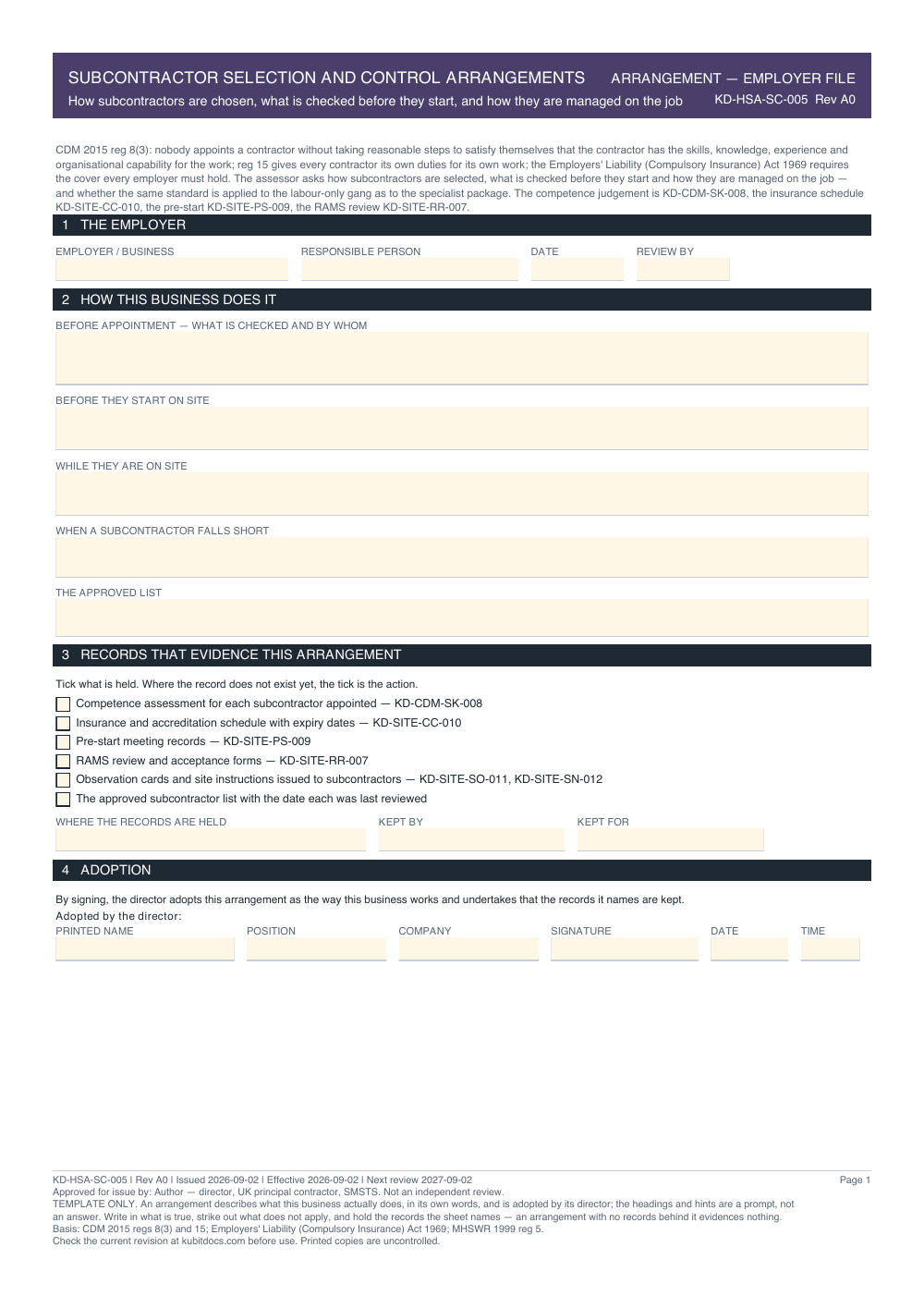 Subcontractor Selection and Control Arrangements — page one