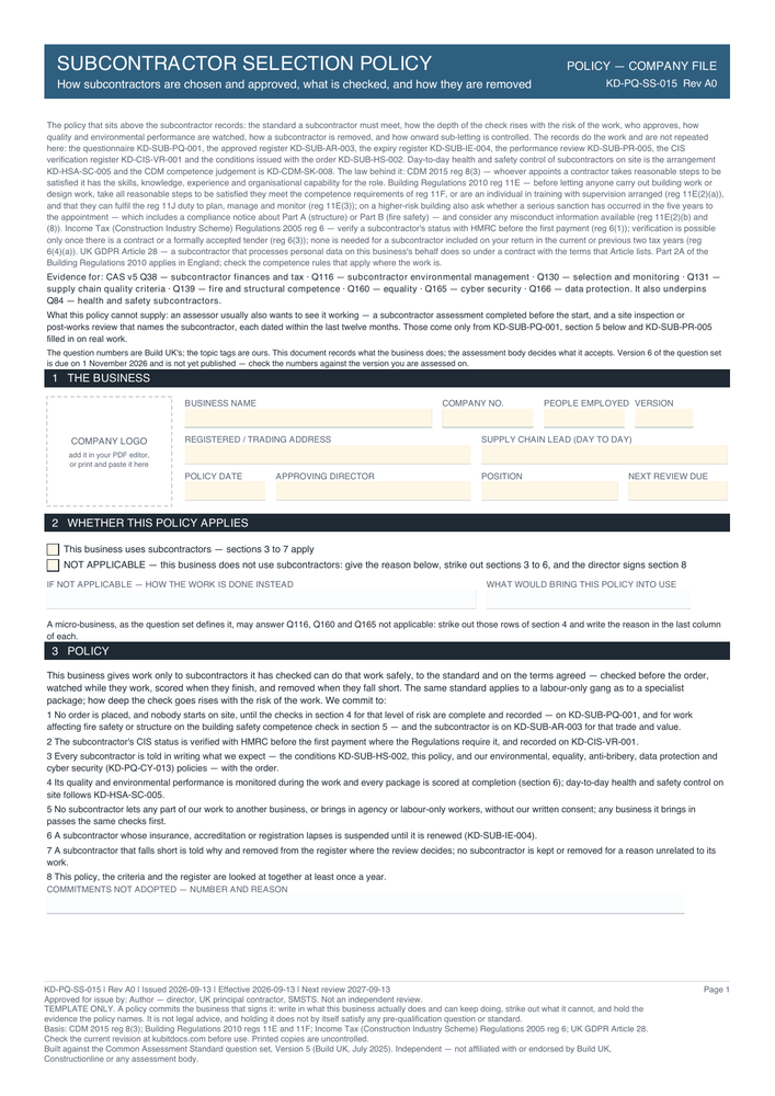 Subcontractor Selection Policy — page one