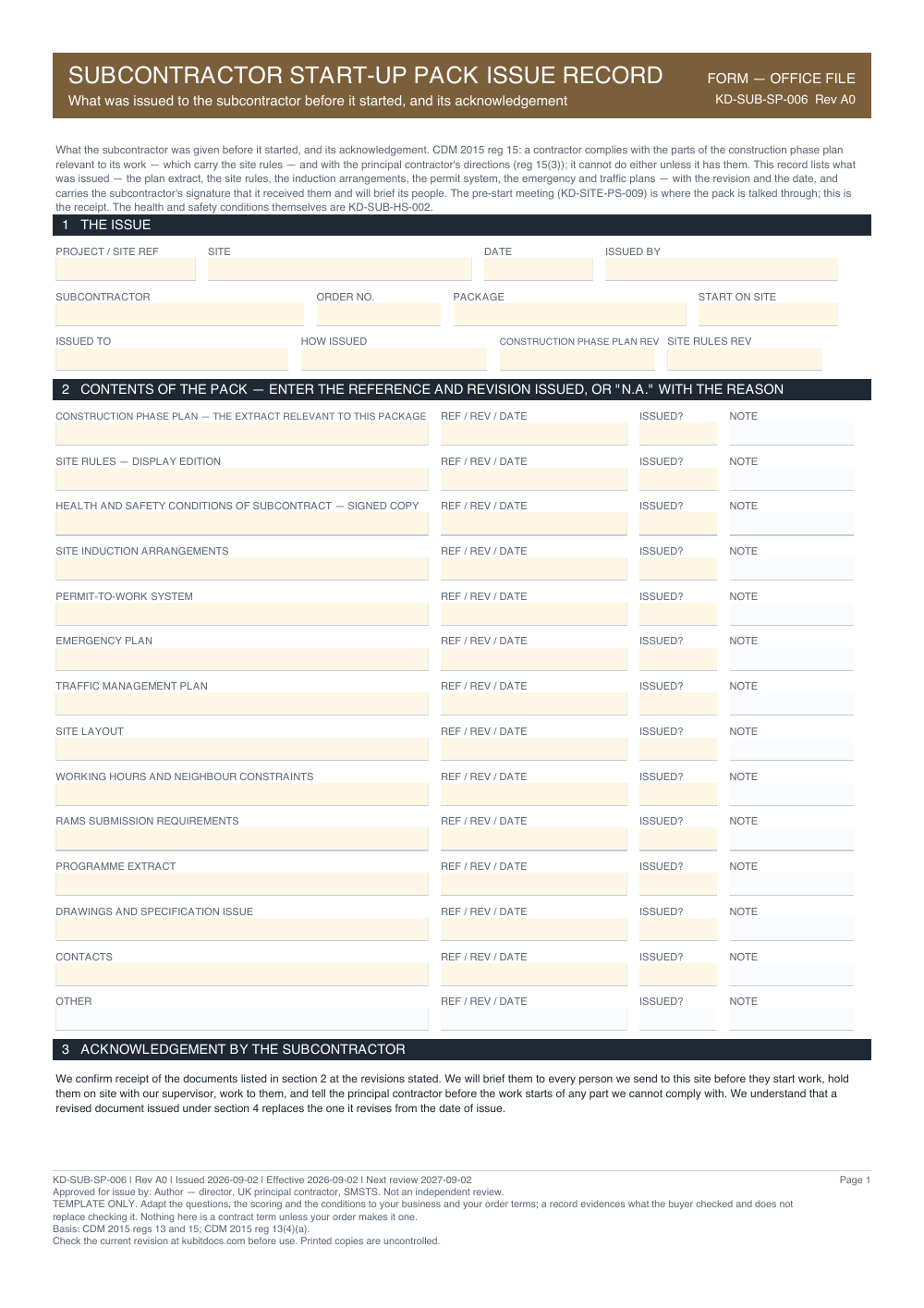 Subcontractor Start-Up Pack Issue Record — page one