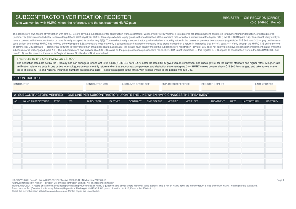 Subcontractor Verification Register — page one