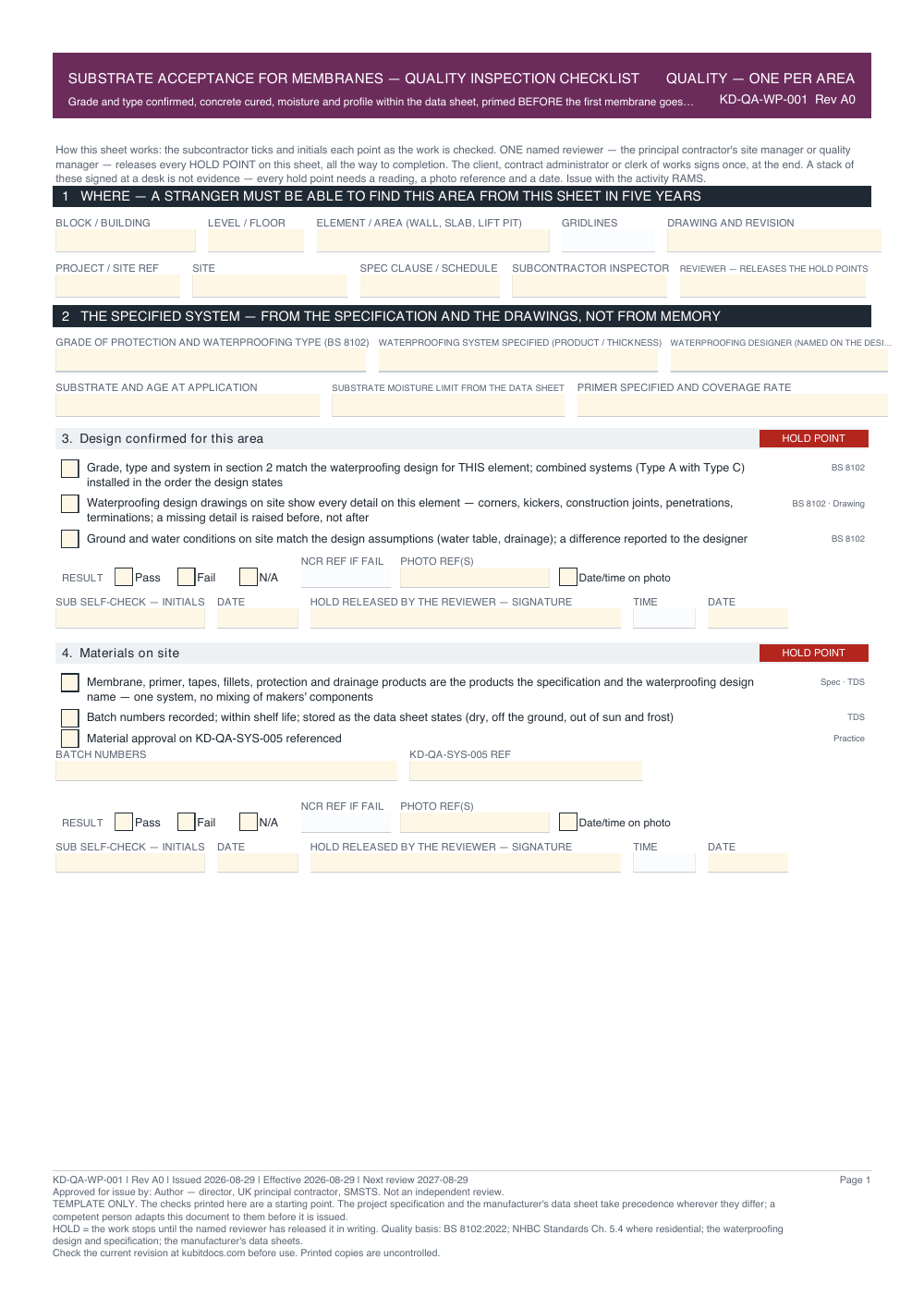 Substrate Acceptance for Membranes — Quality Inspection Checklist — page one
