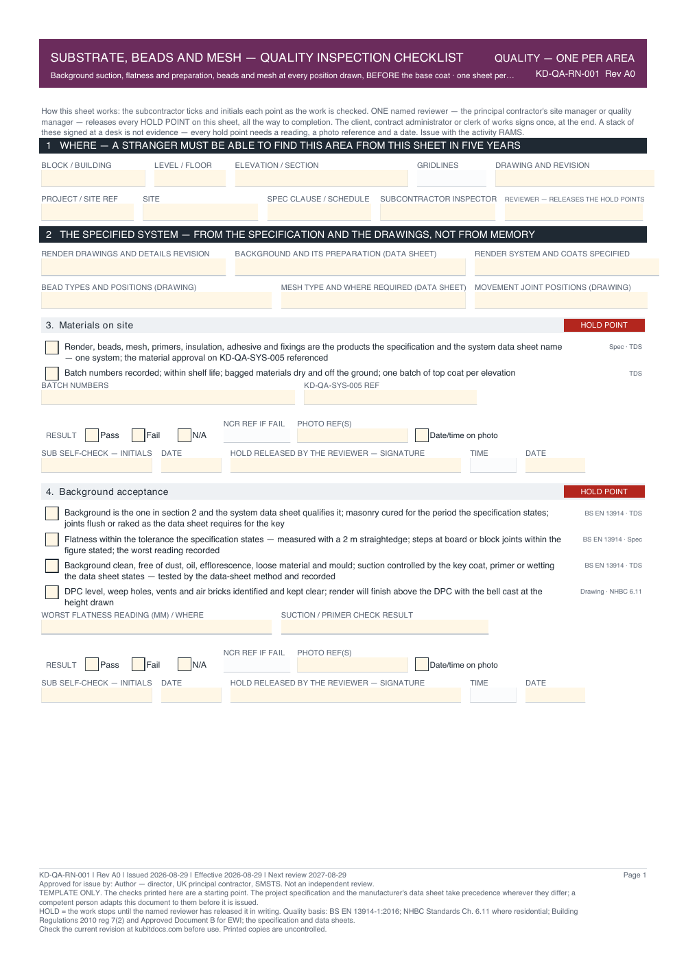 Substrate, Beads and Mesh — Quality Inspection Checklist — page one